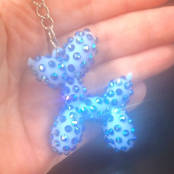 Bedazzled Balloon Dog Keychain, Light Blue Dog with Bright Blue Stones - Picture 3 of 3